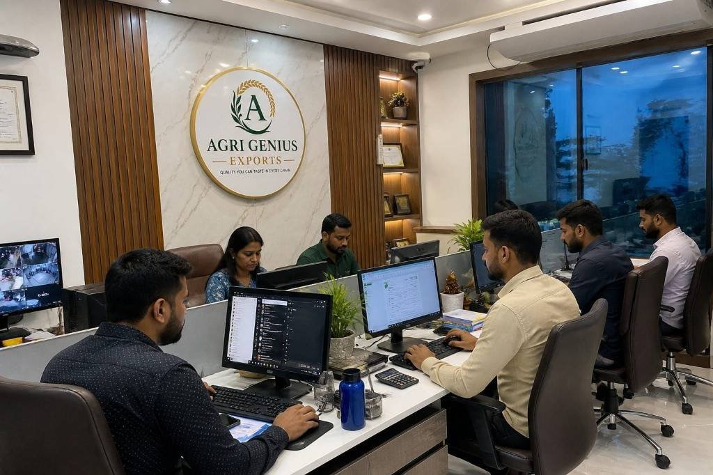 Agri Genius Exports team working in a modern corporate office workspace in India