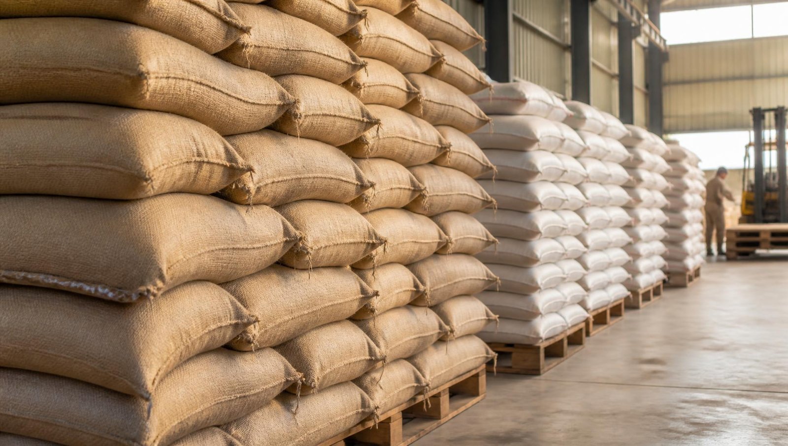 Stacked woven export sacks of Indian agricultural commodities ready for container loading