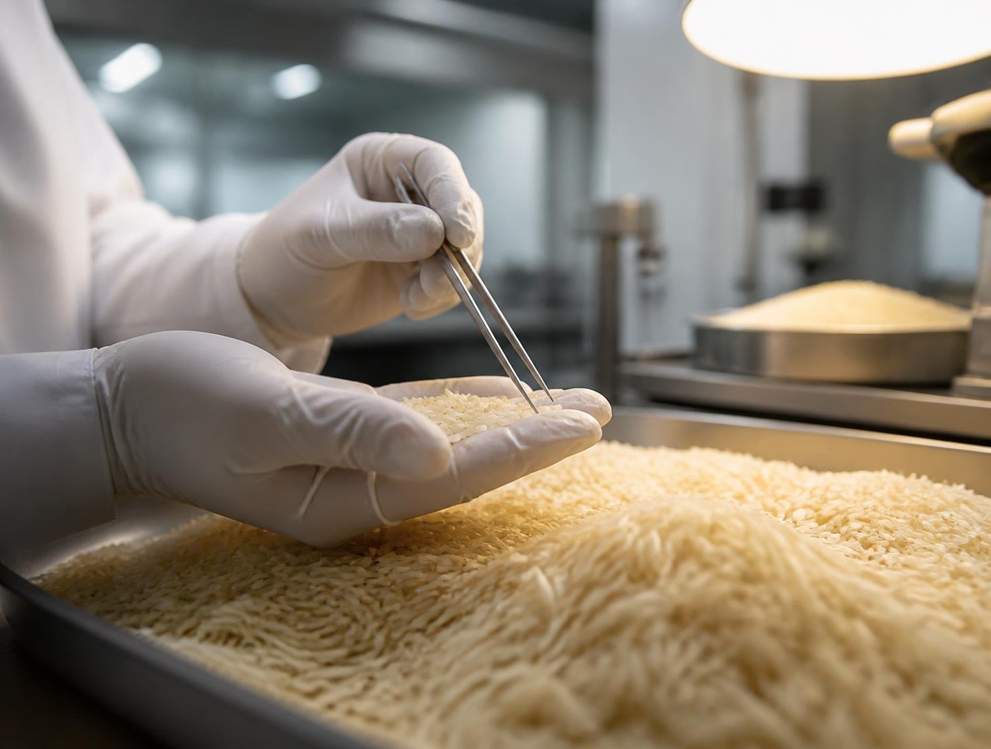 Independent third-party quality inspection of export-grade rice grain samples before container loading in India